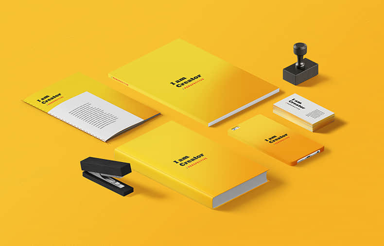黄色风格办公用品VIS样机品牌形象PSD模板Mockup